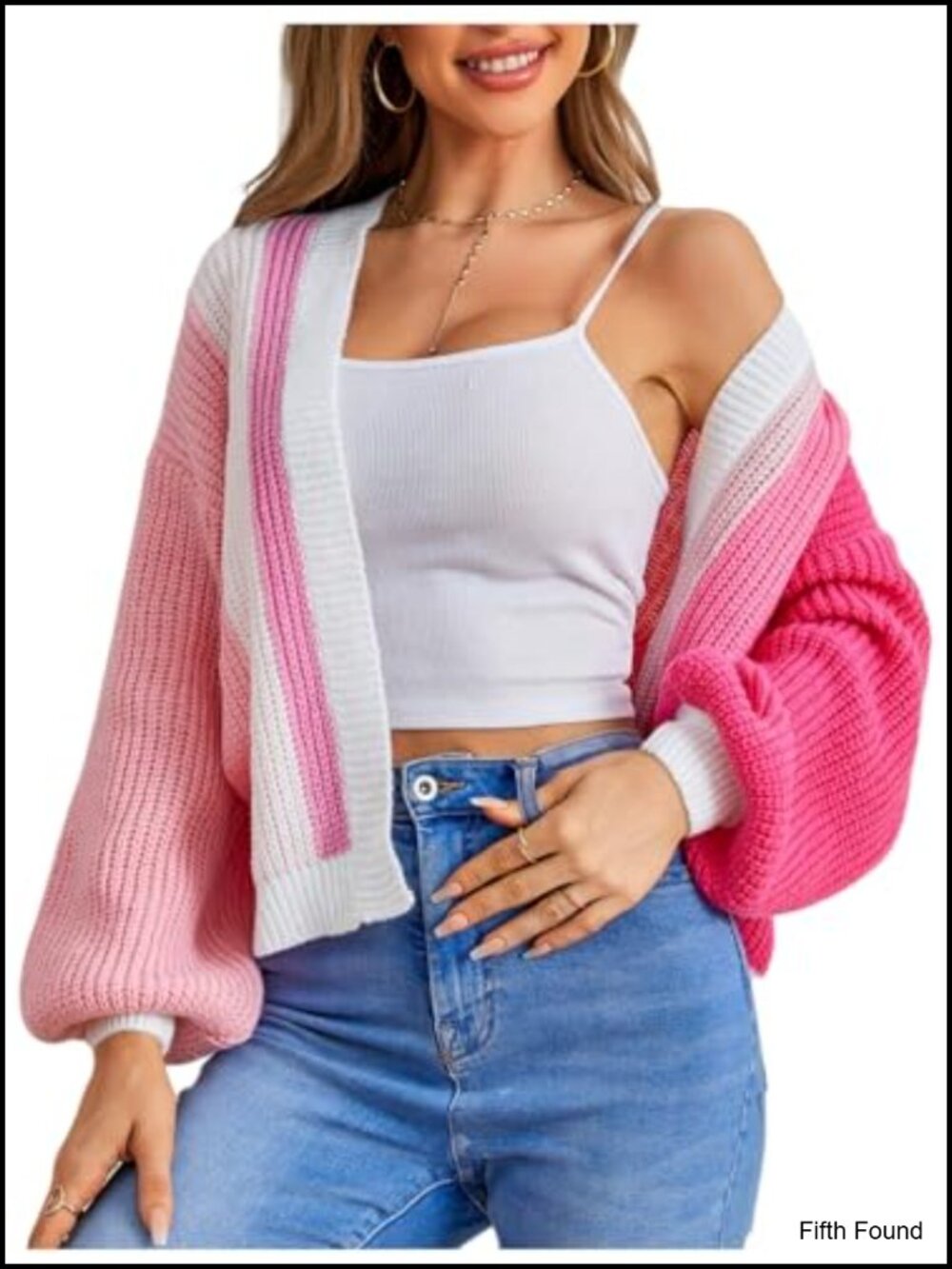 Color Block Cropped Cardigan Open Front Ribbed Knit Long Lantern Sleeve